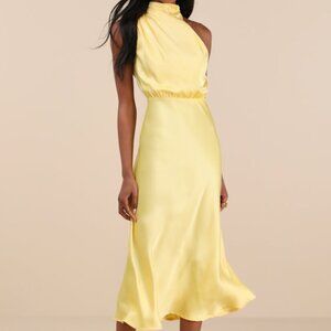 NWT Lulus Distinctive Charm Butter Yellow Satin Asymmetrical Midi Dress - Size S